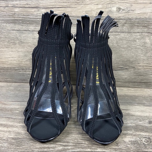 NEW Black Fringe Open Toe Stiletto Heels - Picture 6 of 9